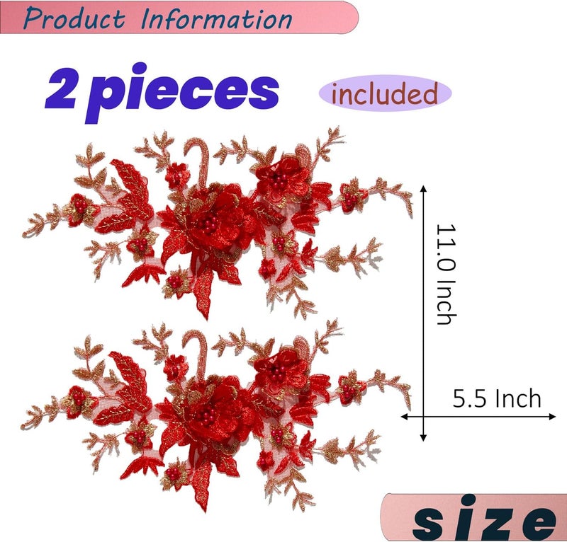 Silvora 2 PCS Flower Fabric Beaded Pearl Lace Applique, 3D Embroidered Patch for Dresses,Handmade Sewing Tool for DIY Neckline Bodice Pants(Red) - Image 2